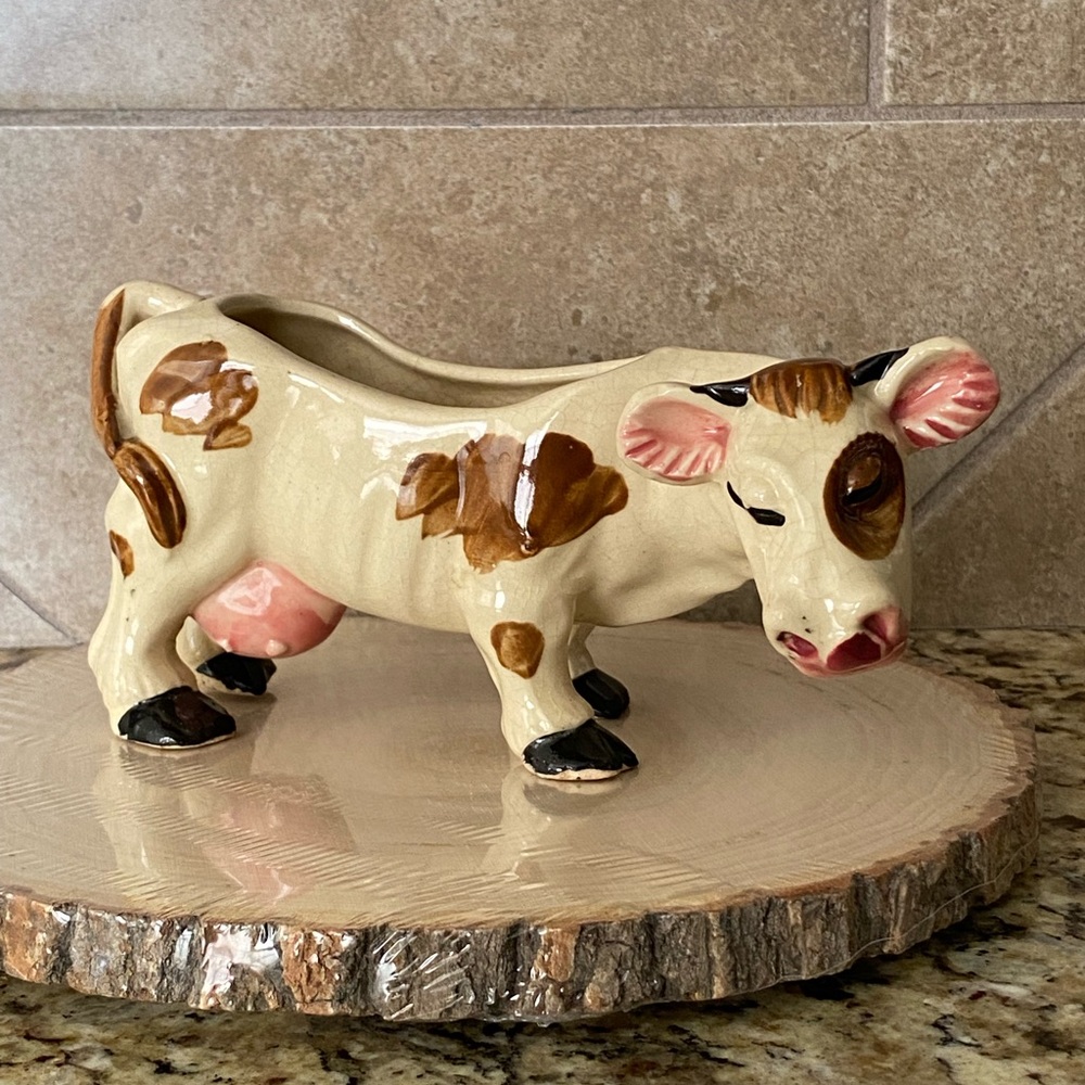 Vintage Ceramic Cow Planter Sugar Dispenser Pink Brown Cream